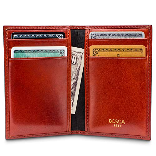 Image of Bosca Men's Leather Card Holder Wallet - Italian Full Grain Vegetable Tanned Credit Card Case - 6 Card Slots, 2 Receipt Wells - Classic Glossy Finish - Gift-Ready Packaging - Cognac Brown