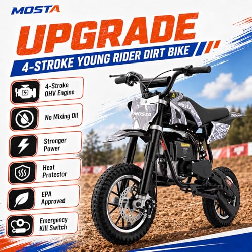 MOSTA Mini Bike, 4-Stroke Gas Powered Dirt Bike for Kids, Max 20Mph Kid Motorcycle with Disc Brakes and Shock Absorbor, No Oil Mix Needed (Black) - Image 4