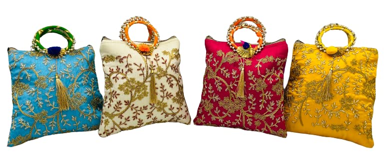 AT Traders Colorful Embroided Round Handle Golden Flower Pattern Royal Batwa Bag Bridal Purse Women handbag Shagun Pouch Return Gifts-image-17