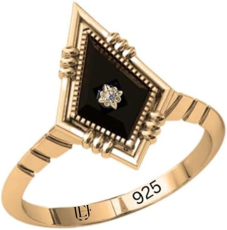 BLACK ONYX 925 STERLING SILVER RING FOR WOMENS LADIES DIAMOND IN MIDDLE ENGAGEMNET ONYX AND DIAMOND GEMSTONE HANDMADE PROMISE ART-DECO