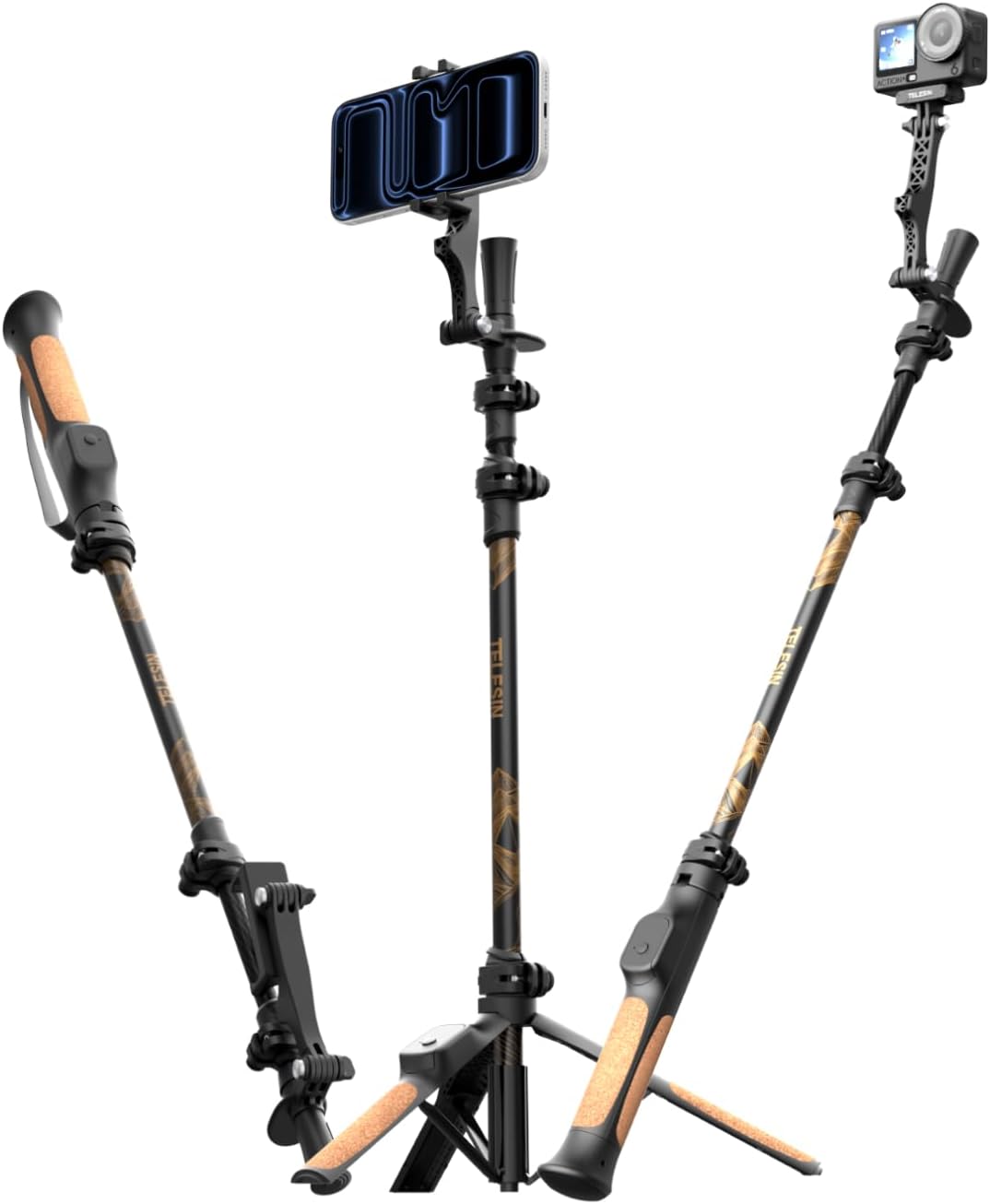 TELESIN TrekShot Carbon Fiber Selfie Stick Tripod, 3-in-1 Hiking Stick Pole, 58" Extendable Phone Tripod for iPhone & Action Cameras, Solo Travel Vlog Monopod for Walking, Camping, Outdoor Creators