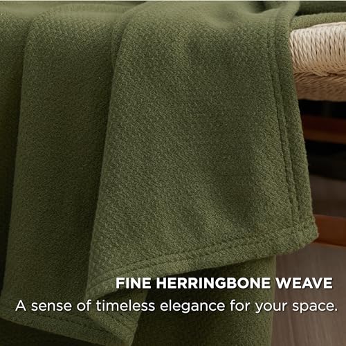 Image of Bedsure 100% Cotton Blanket, Herringbone Weave, Queen Size, Moss Green