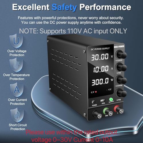 NICE-POWER DC Power Supply Variable 30V 10A, Adjustable Switching Regulated DC Bench Power Supply with Output Switch High Precision 4-Digit LED Display, Benchtop Lab Power Supplies with 5V/2A USB Port - Image 5
