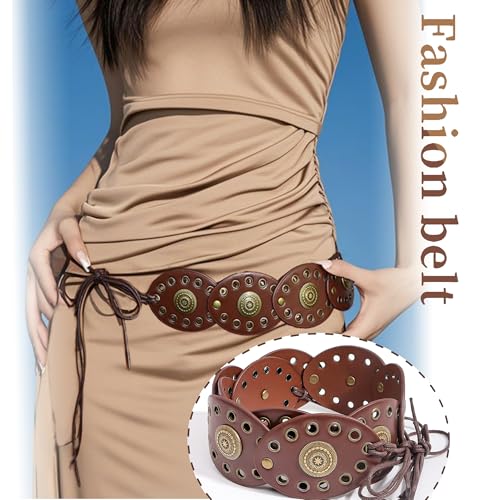 Western Chunky Wide Disc Belt for Women Plus-Size Boho Hollow PU Leather Lace-up Cowgirl Waist Belt for Dresses Jeans2