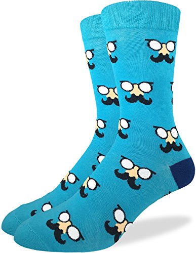 Good Luck Sock Men s Aqua Mustache with Glasses Crew Socks,Blue,Shoe Size 7-12
