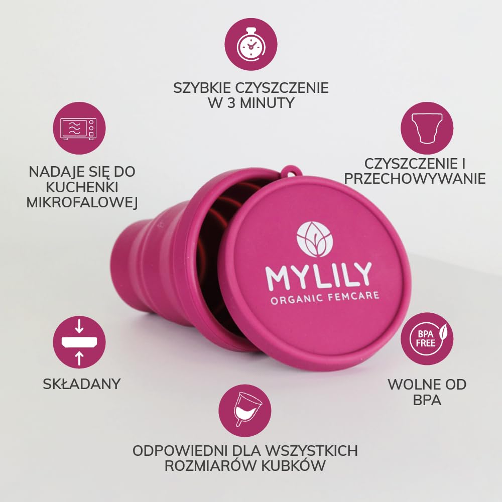 MYLILY® Kubeczki menstruacyjne do czyszczenia i przechowywania | sterylizator do wszystkich rodzajów kubeczków menstruacyjnych | składane etui do mikrofalówki | 100% silikon medyczny