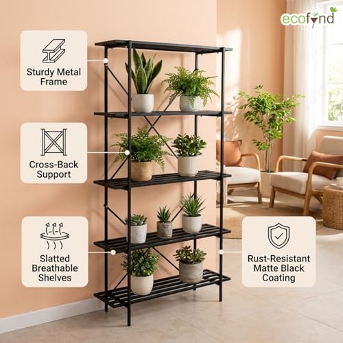 Image of ecofynd Oren Plant Stands for Outdoor Balcony, Flower Pot Stand for Indoor Plants, Large Metal Planter Stand for Living Room, Home Decor, Indoor & Outdoor Plants, 5 Tier, (PS-KR004-BLK)