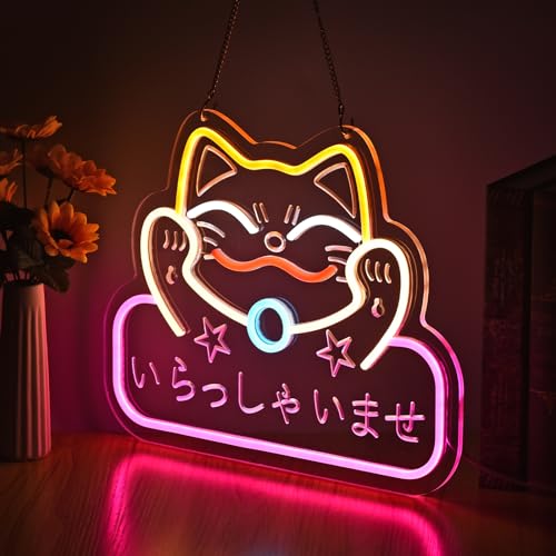 Image of Japanese Welcome Neon Sign Fortune Cat Wall Decor Dimmable Led Neon Lights Japanese Style いらっしゃいませ Neon Billboard for Restaurant Shop Store Window USB Powered 16.1 inch x 12.6 inch
