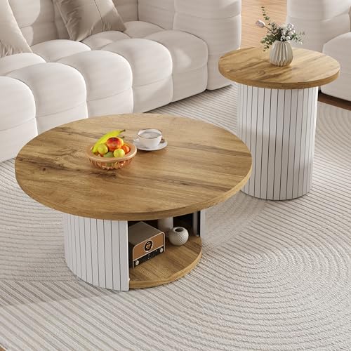 Merax Couchtisch Set, 75x75x50+45x45*35cm, doppelter runder Wohnzimmertisch mit Beistelltisch, mit Naturholzoptik, skandinavischer Stil, moderner Sofatisch für Wohnzimmer, Natur – Bild 8