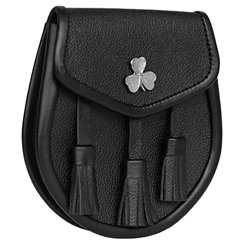 Image of Scottish Original Leather Sporran with Leather Belt & Chain (Black Leather Shamrock Flower Sporran)