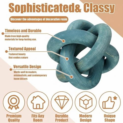 Image of Yalikop 3 Link Wood Knot Decor Rustic Home Decor Accents Hand Carved Coffee Table Decoration, Boho Chain Link Decoration, Modern Shelf, Rustic Objects for Home Living Room Bedroom(Blue)
