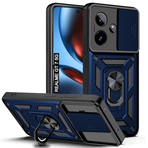 Image of AESTMO Tough Armor Realme GT 7 5G / Realme GT 7T 5G / GT 7 Dream Edition Bumper Back Case Cover | Ring Holder & Sliding Camera Shield Cover | 360 Degree Protection Back Case Cover (Blue)