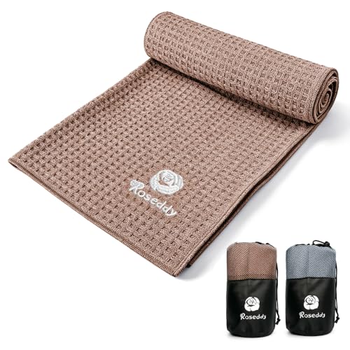 roseddy ヨガタオル 145×61cm 両端ポケット設計 高吸水 速乾 ヨガラグ ホットヨガ対応 軽量 収納バッグ付き グレー ブラウン | 両端ポケット付き ズレ防止ポケット付き、小型