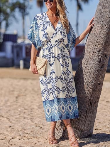 Image of CUPSHE Women's Summer Boho Maxi Dress Paisley Floral V Neck Smocked Dress Beach Vacation Slit Hem Flowy Dress with Pockets