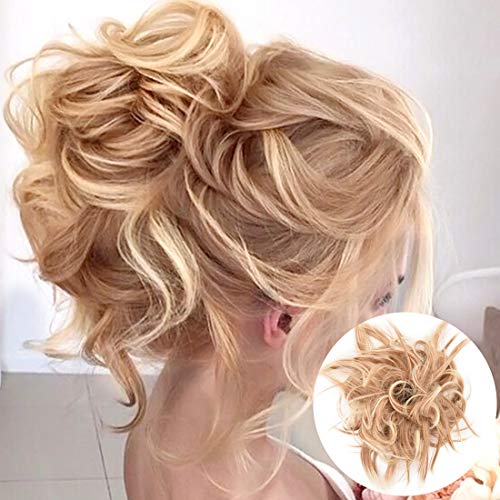 Tousled Updo Messy Bun Hair Piece Hair Extension with Elastic Rubber Band Updo Wavy Bun Extensions Synthetic Hair Extensions Scrunchies (Strawberry Blonde & Bleach Blond Mixed #27H613)