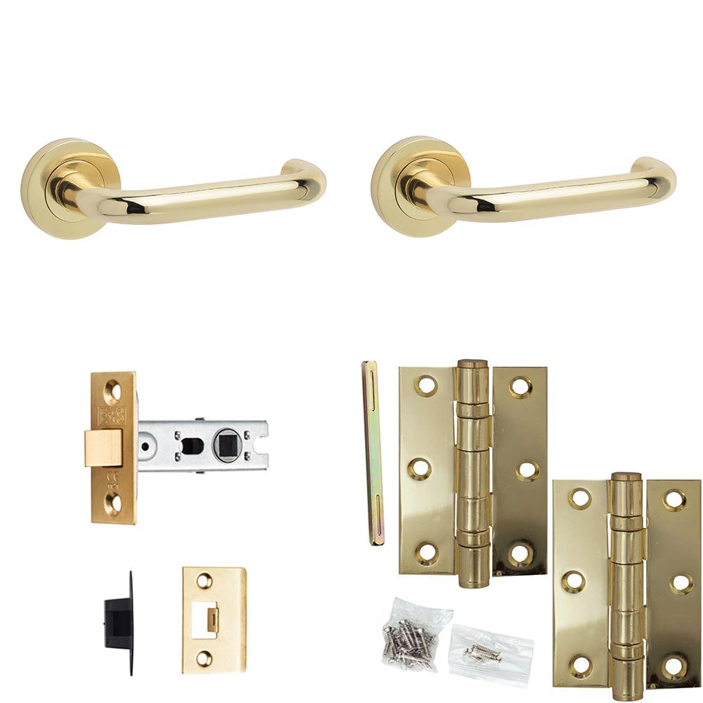 Door Handle & Latch Set Polished Brass Return to Door Lever Round Plain On Rose