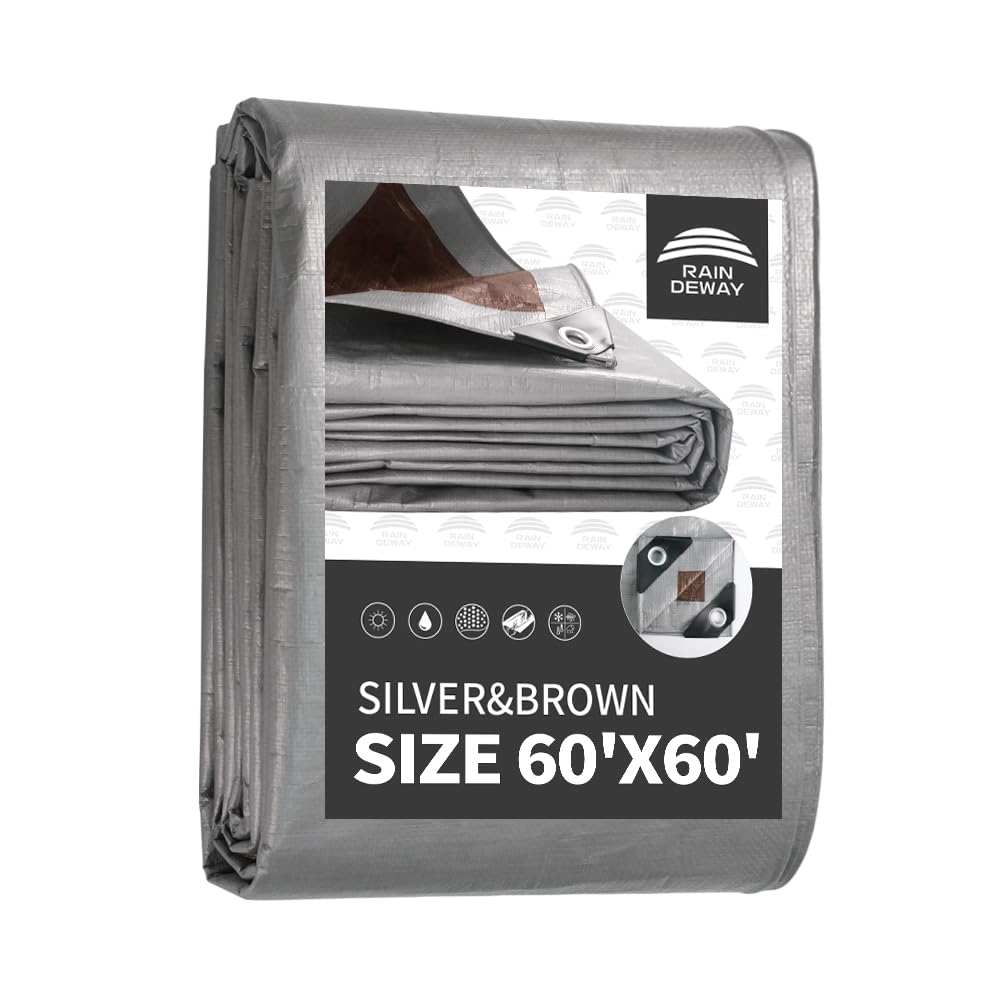 raindeway tarps heavy duty waterproof 60x60 feet, 10 mil thick multipurpose uv resistance large tarp cover with metal grommets and reinforced edges, silver/brown tarp
