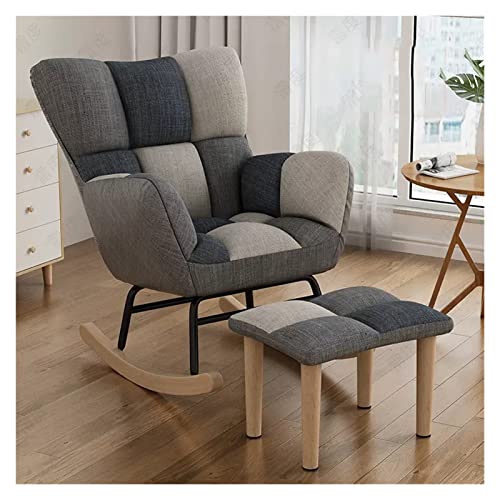 Silla mecedora moderna de color gris con reposapiés con respaldo alto copetudo, silla reclinable para sala de estar/dormitorio, cojín cómodo tapizado incluido