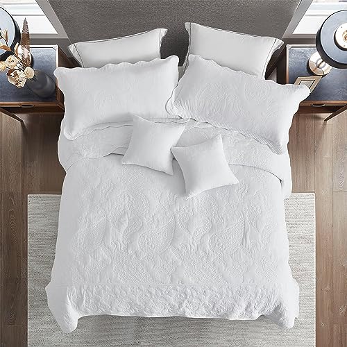 Image of Oversized Queen Bedspread, Stitched Paisley Cotton Quilt Set Queen, Lightweight Reversible Coverlet, Scalloped Edge - Clean Classic Look, 5 Piece, Pure White