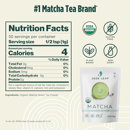 Image of Jade Leaf Matcha Organic Barista Blend Ceremonial Grade Matcha Green Tea Powder - 100% Pure Japanese First Harvest Green Tea for Lattes from Uji and Kagoshima, 50g / 1.76 Ounce (Pack of 1)