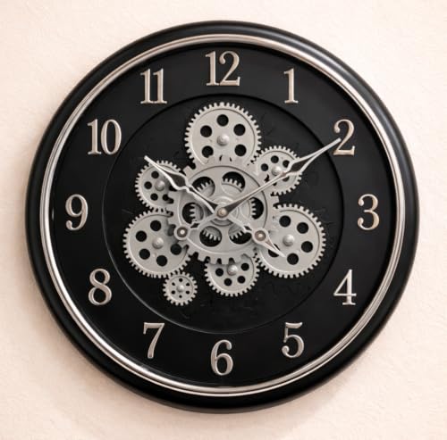 Image of Large Size 35 cms Rotating Moving Gears Wall Clock Industrial Steampunk Real Moving Gear Designer Wall Clock for Living Room Home Decor Office Wooden Look Plastic Round 14 Inch (Grey) (Black Silver)