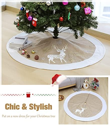 Lewondr 48 Inch Christmas Tree Skirt with Beautiful Deer Snowflake Embroidery Pattern, Burlap Christmas Tree Decoration Base Cover for Holiday Party Celebration Christmas Decorations, Khaki & White