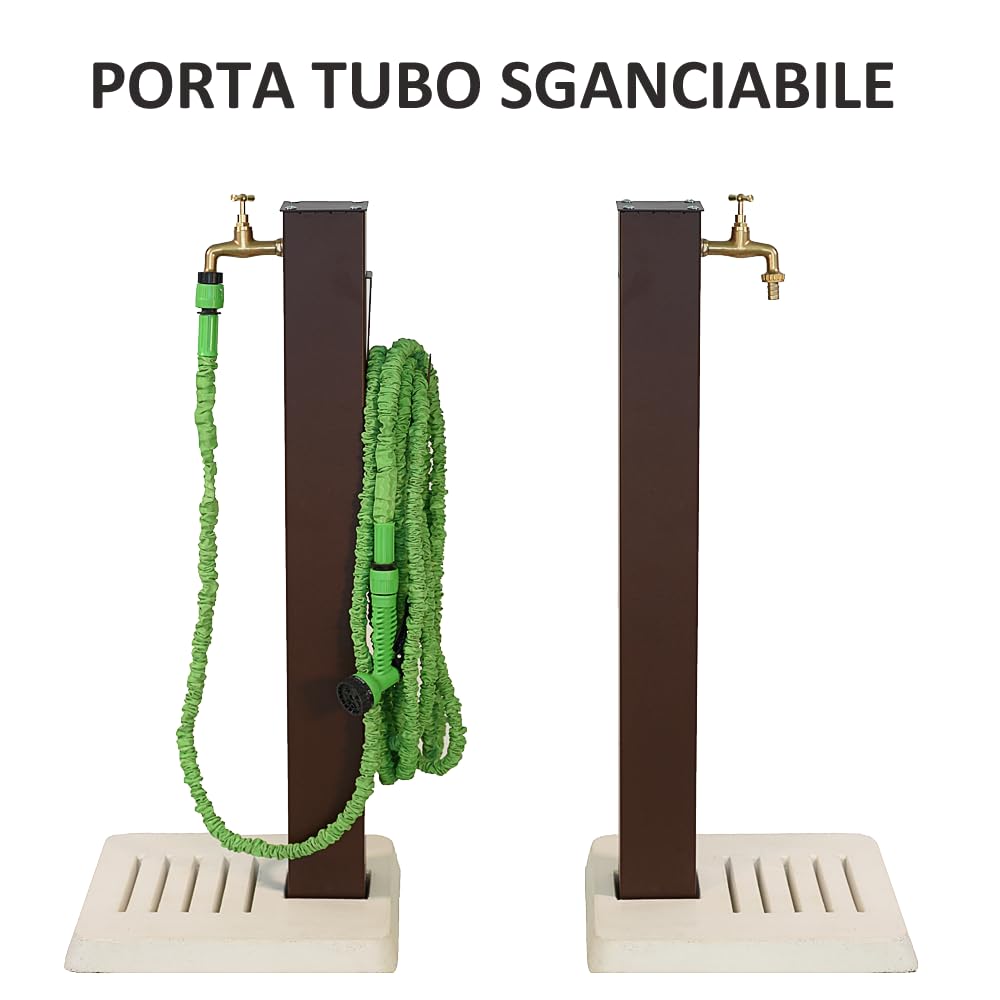 Fontana da Giardino Antracite con Base in Cemento, Fontana da Esterno in Acciaio Verniciato, Rubinetto in Ottone con Tubo Flessibile e Raccordo e portatubo, Fontanella per Esterni Made in Italy