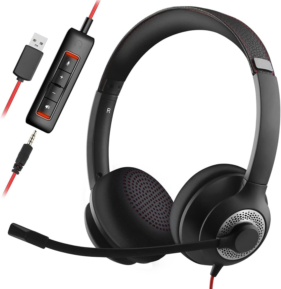 USB Headset with Mic for PC, OverEar Computer Laptop Headphones with