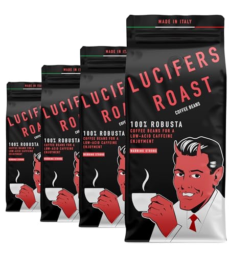 Best Coffee for Super Automatic Machine: Discover Lavazza & More 13 LUCIFERS ROAST 4x2.2lb Coffee Beans from Italy - Extra Strong Espresso Dark Roast - Low Acidity - for Automatic Coffee Machines or Espresso Makers - 100% Robusta (Whole Beans, 4x2.2lb)