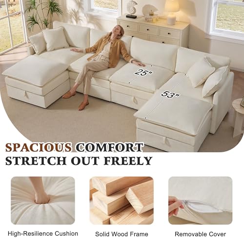 Image of Ihanherry 135 inch Modular Sectional Sofa with Storage, U Shaped Cloud Couch with Movable Ottomans & 4 Pillows, Chenille Deep Seat Sectional Couches for Living Room, Apartment (Beige)