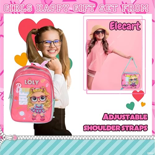 Image of School Bag Combo Set for Girls - 5 in 1 Back to School Hamper with Backpack, Lunch Bag, Tiffin Box, Water Bottle & Pencil Pouch - Complete School Essentials Gift Set for Kids (Loly-Pink)