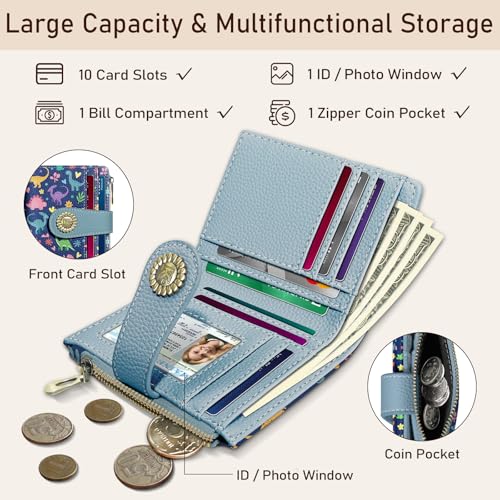 Image of Kelvoris Cute Dinosaurs Small Rfid Women Wallet Bifold Zipper Coin Pocket PU Leather Compact Cash Credit Card Holder Travel Wallet for Female Ladies Teen Girls 1 ID Window 10 Card Slots