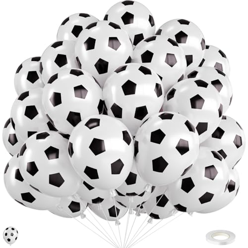 Black White Soccer Ball Balloons 12 Inch Soccer Printed Balloon with Ribbon for Boys Soccer Birthday Party Sport Theme Party Decorations