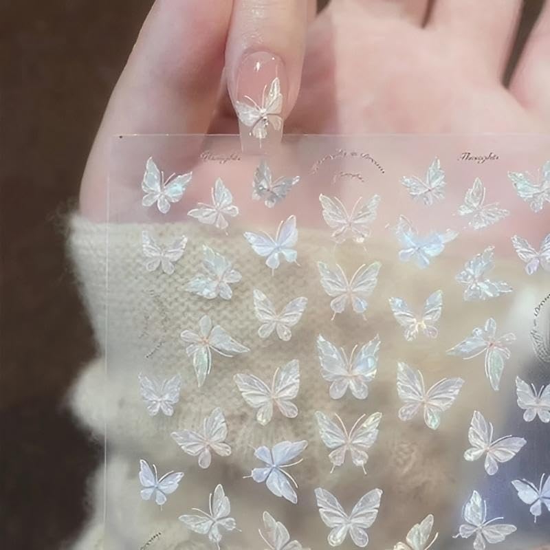 Rchovsam 4 Sheets White Nail Art Stickers Decals Bow-tie Butterfly Nail Stickers 3D Self Adhesive with Pearls Nail Decals Supplies Nail Art Design
