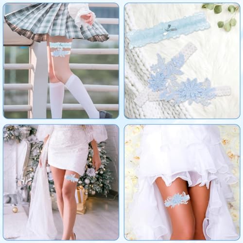 ZHAOYCSH 2 Pièces Porte-Jarretelles de Mariée en Dentelle Florale avec Fausses Perles - Jarretière Élégante pour Cérémonie de Mariage, Enterrement de Vie de Jeune Fille ou Bal,Bleu – vue 7