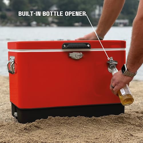 Image of FSE Hard-Sided 54 Qt. / 80 Can Metal Cooler | Durable outdoor beverage cooler with latch closure, bottle opener and side handles. Ideal for picnic or tailgate use