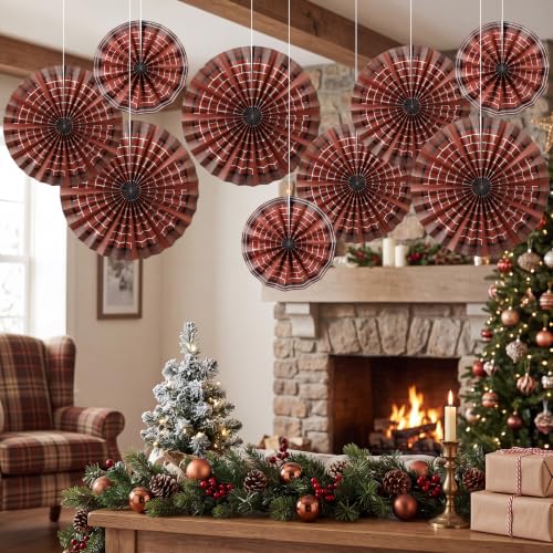 Image of Outus 9 Pcs Western Party Hanging Paper Fans Birthday,Christmas Red Brick