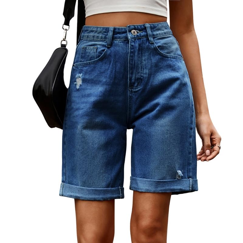 bifanxi Five-Point Length Denim Shorts Pants for Women | Casual Mid-Length Bottoms-picture-13