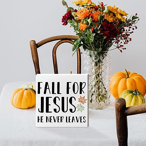 Image of Fall Table Wooden Box Sign Decor, Fall for Jesus He Never Leaves, Autumn Christian Table Decorations for Home Office Harvest Thanksgiving Desk Decor