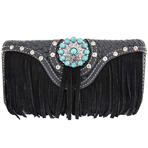 Western Style Fringe Conchos Gem Rhinestone Studded Woven Leather Purse Country Handbag Women Shoulder Bag Wallet Set3