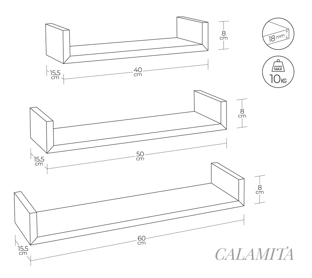 MODULARREDO | CALAMITA Set di 3 Mensole da Muro, Mensole Muro Design, Mensola da Parete, 60x8x15.5, 50x8x15.5 e 40x8x15.5 cm, Blu Laguna - Made in Italy