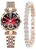 Women Watches with Bracelet Rose Gold for Lady Elegant Stainless Steel Strap Fashion Analog Creative Diamond Dial Wrist Watch (Red)