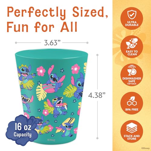 Image of Disney Stitch Plastic Drinking Glasses, Dishwasher Safe, 4-Pack | 16 oz, unbreakable, reusable, BPA-free, stackable to save space, great for water, juice, and family meals