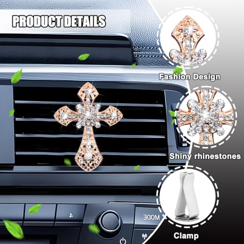 Image of Bling Cross Car Air Vent Clip, Crystal Rhinestone Sparkling Vehicle Air Conditioner Outlet Clamp Charm, Dazzling Diamond Automotive Vent Decoration Clip, Universal Fit (Golden)