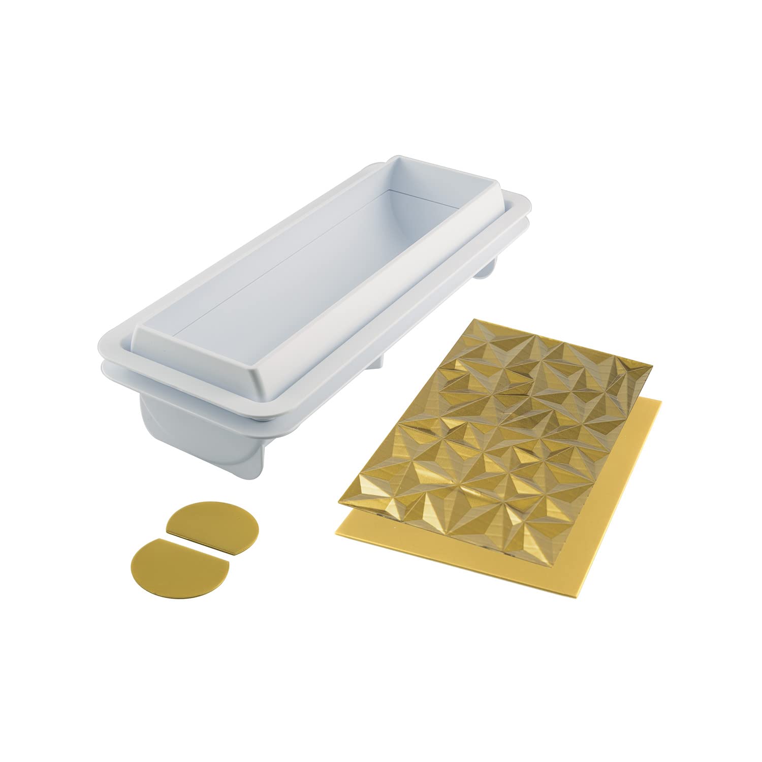 silikomart 25.074.63.0065 Kit Moule à bûche Diamant, Silicone, Blanc, 25 x 8 x 6,7 cm & 23.071.63.0065 Tapis et Feuilles de Cuisson, Silicone, doré, 25 x 18,5 x 0,6 cm