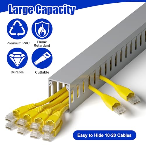 Image of 1.6 inchH x 1.2 inchW Cable Raceway, 99in Under Desk Wire Management Channel, Grey | Slotted Wire Duct, 6Pack, 16.5in Each, Heavy-Duty PVC Cable Management for Server Racks, Network Cables & Electrical Cabinets