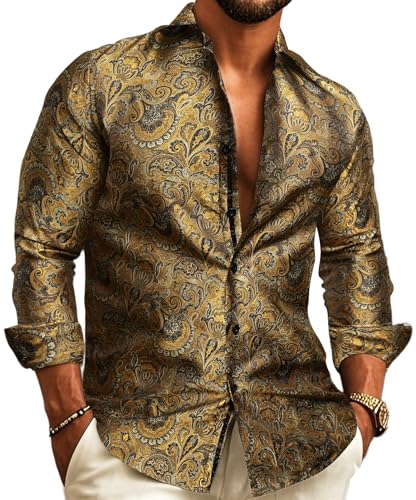 Barry.Wang Chemises de costume pour homme en soie à motif cachemire à manches longues boutonnées Grandes et Longues pour la Mode, les Loisirs, les Mariages,...