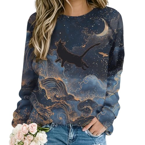TBILILO Womens Black Cat Print Crewneck Sweatshirt Long Sleeve Funny Graphic Sweatshirts Loose Fit Comfy Casual Fall Clothes for Women Fashion Pullover Trendy Tops for Women 2025 Cat Print 21 M
