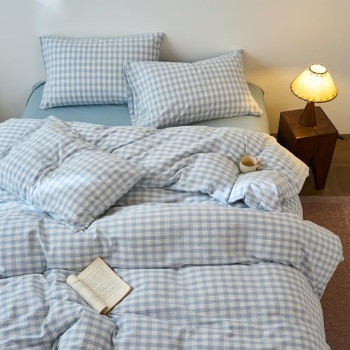 Image of EAVD Vintage Style Blue&White Plaid Gingham Duvet Cover Full Soft 100% Washed Cotton Chic Grid Checkered Bedding Set with 2 Pillowcases Farmhouse Blue Plaid Duvet Cover with Zipper Closure