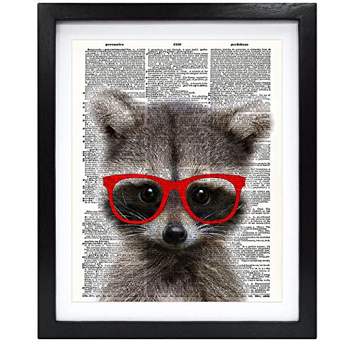 Image of Susie Arts 8X10 Unframed Raccoon with red glasses Friends gift Living room Baby room funny art Christmas Gifts Upcycled Vintage Dictionary Art Print Book Art Print Home Decor Wall Art V216